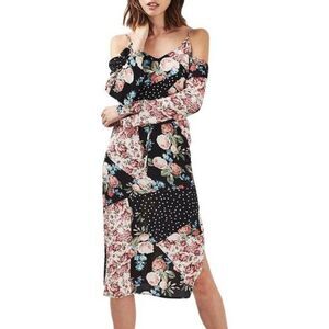 NWT TOPSHOP Floral Patchwork Cold Shoulder Midi Dress Sz 10 Boho Indie Hippie